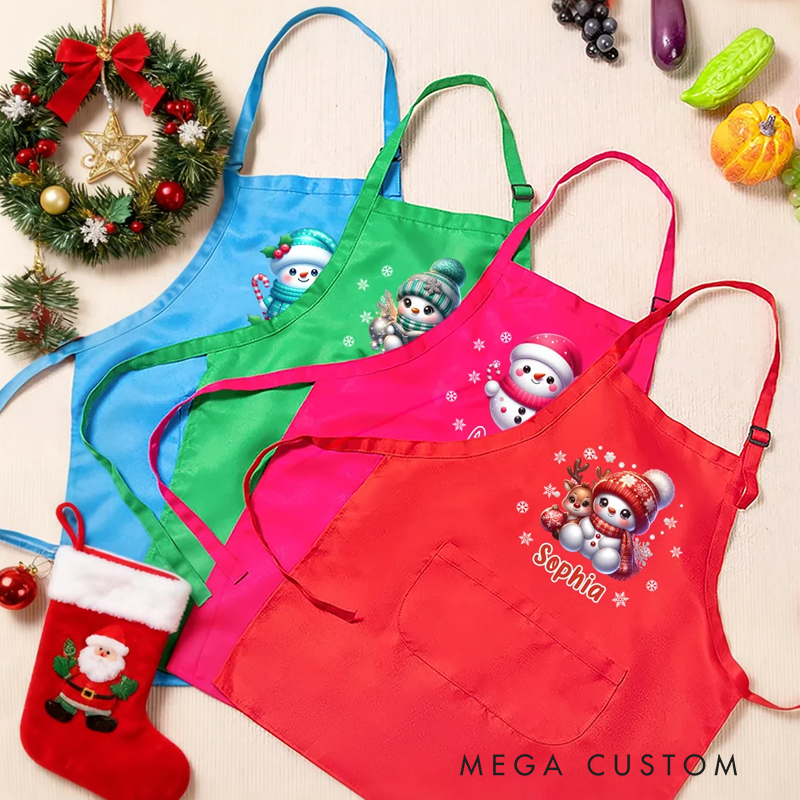Personalized Cute Christmas Snowman Adjustable Kid Apron Chef Hat Set with Name and Pocket for Cooking Holiday Christmas Gift for Boys Girls