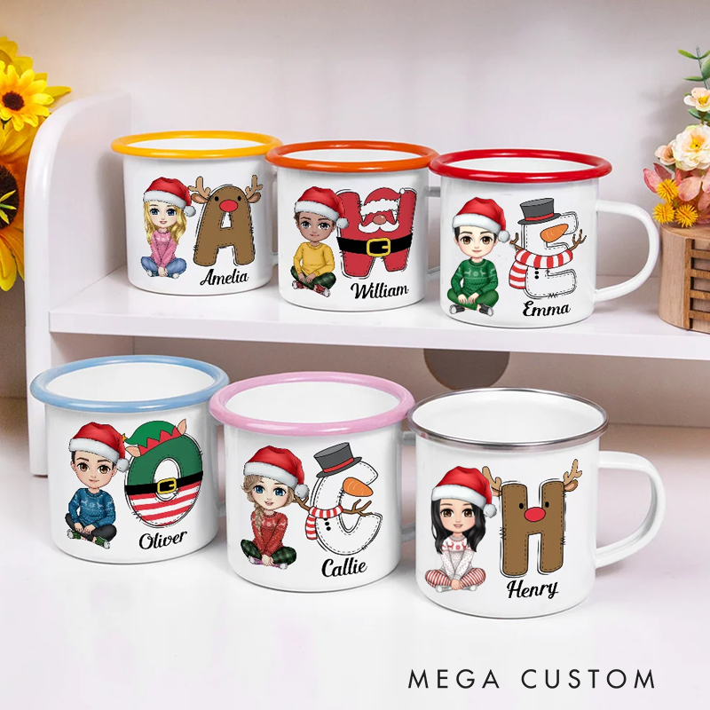 Personalized Santa Elf Reindeer Snowman Initial Cartoon 12oz Colored Rim Enamel Mug with Name Christmas Festival Gift for Kids Family