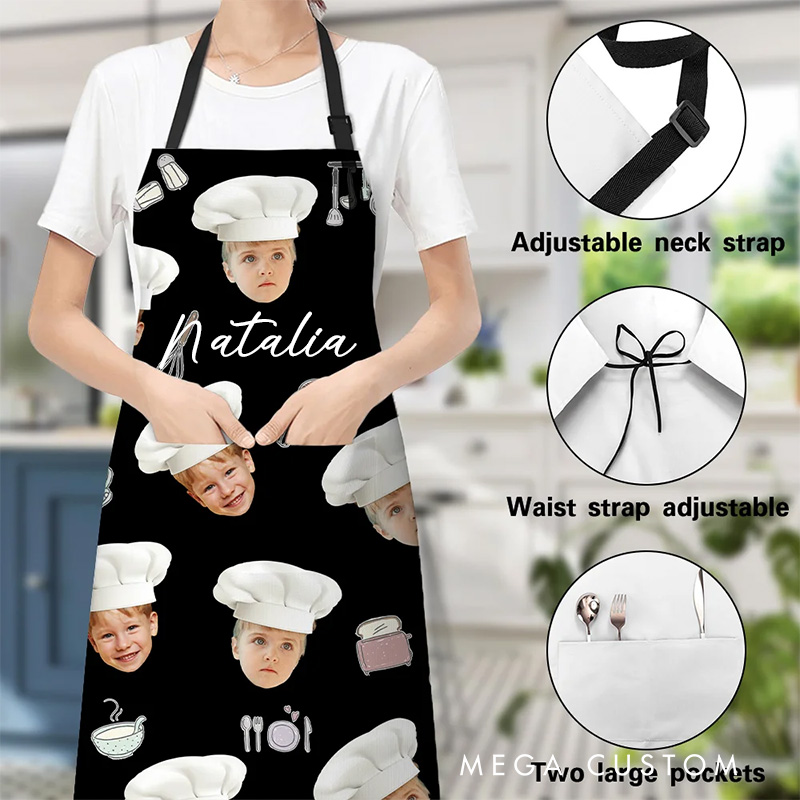 Personalized Cute 1-3 Chef Hat Photos Avatar Apron with Adjustable Neck Strap Baking Apron with Name for Family Baking Lover