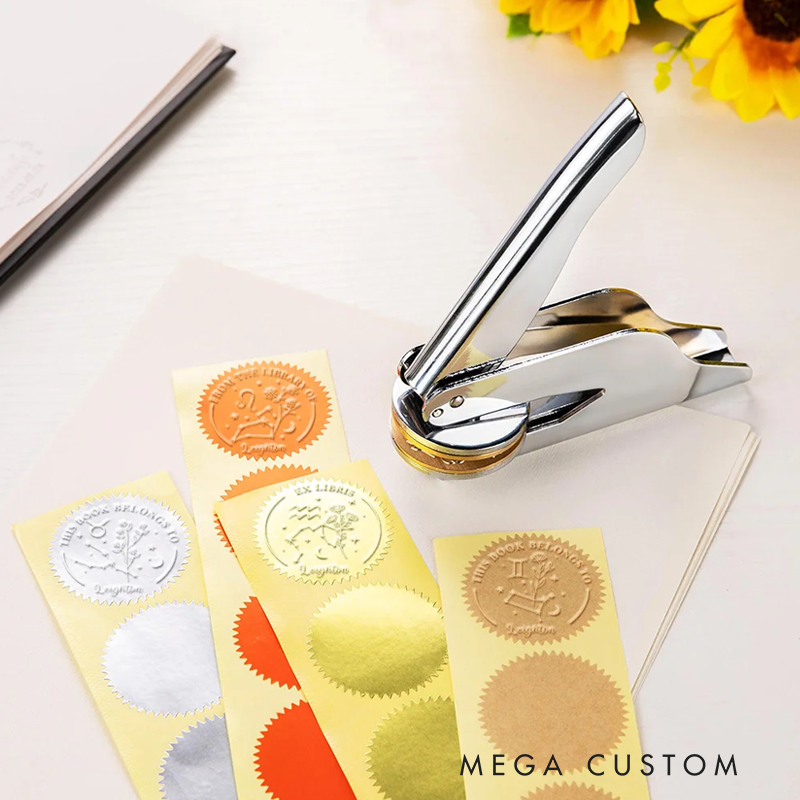 Personalized Zodiac Sign and Birth Flower Theme Book Embosser Stamp with Name Christmas Birthday Gift for Writer Librarian Book Lover