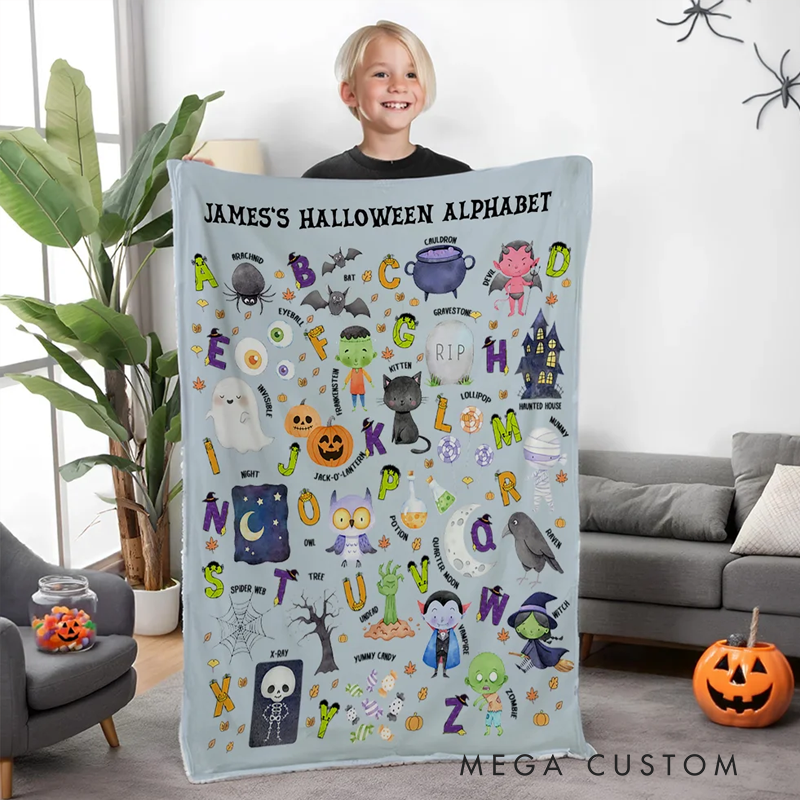 Personalized Funny Halloween Alphabet Soft Throw Blanket with Name Home Decor Educated Halloween Gift for Baby Toddlers