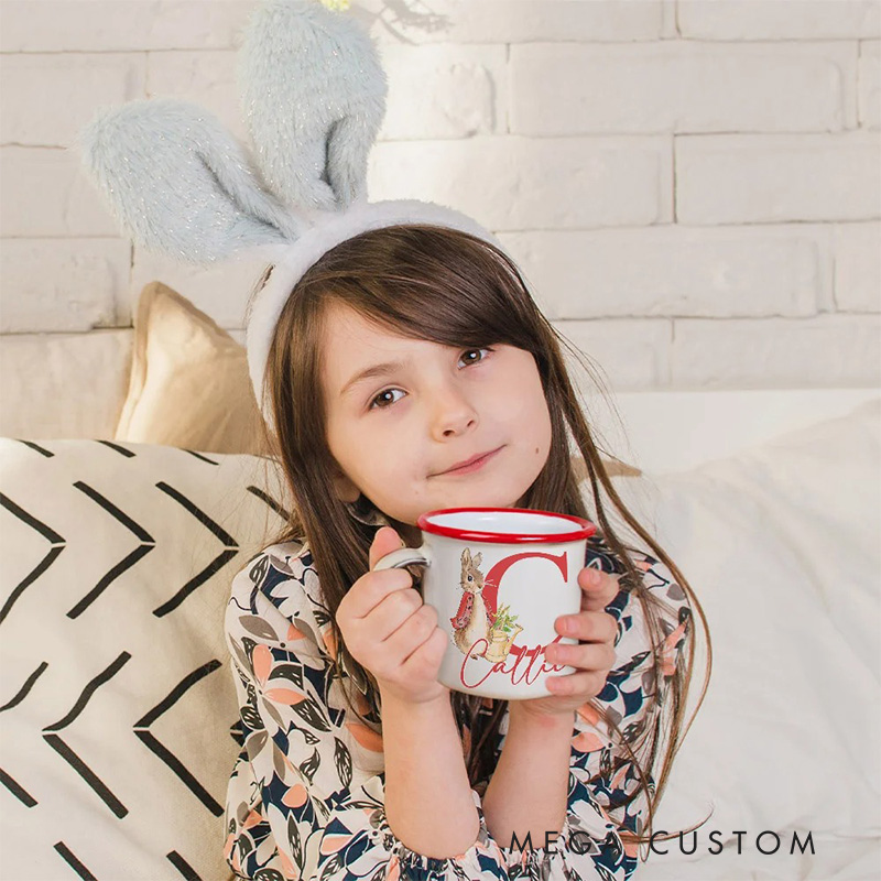Personalized Cute Rabbit Bunny 12oz Enamel Mug with Initial and Name Back to School Birthday Easter Gift for Kids