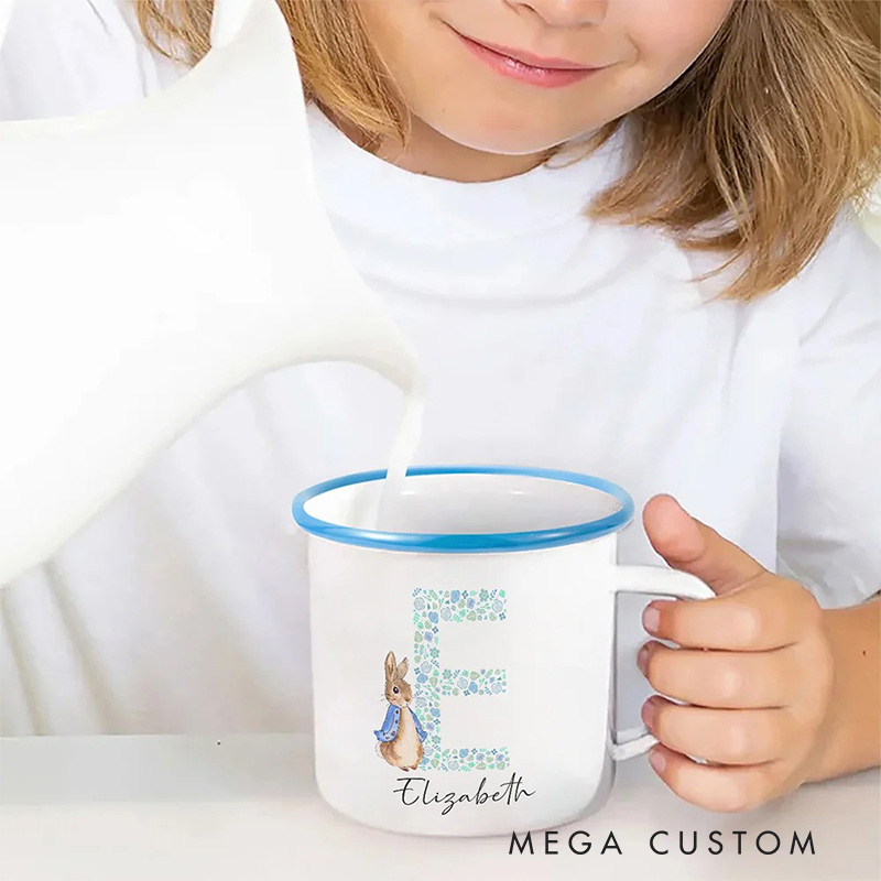 Personalized Flora Cute Rabbit Bunny Enamel Mug with Initial and Name Back to School Birthday Easter Gift for Kids