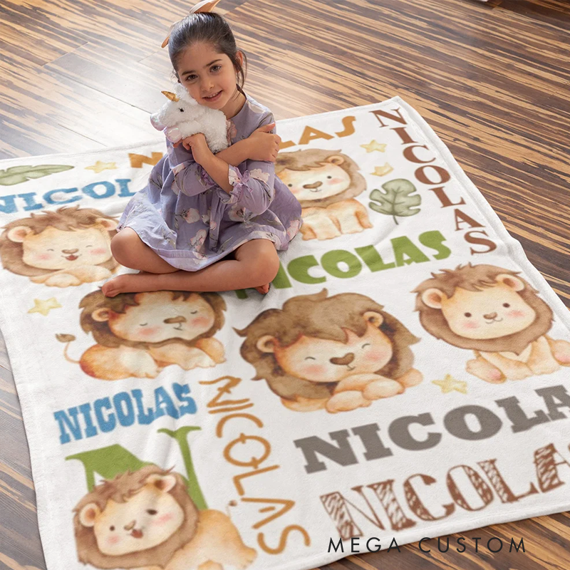 Personalized Cute Lion Soft Blanket with Name Birthday Children's Day Gift for Kid
