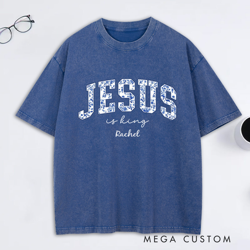 Personalized Jesus is King Toile Washed T-Shirt with Name Vintage Floral Christian Tee Religious Christian Gift
