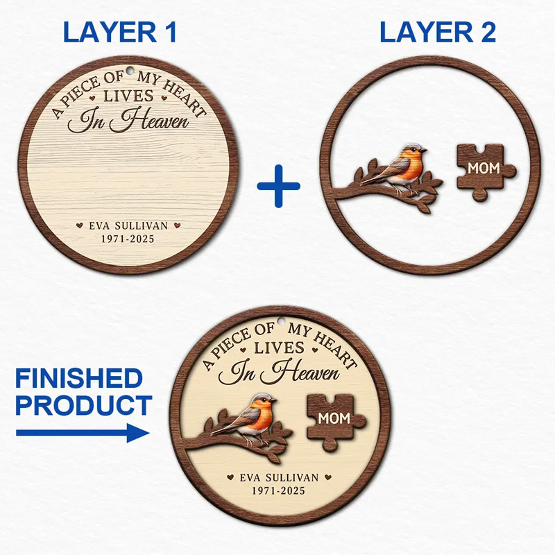 Personalized 2-Layered Wooden Ornament A Piece Of My Heart Lives In Heaven Sympathy Gift for Loss of Loved One