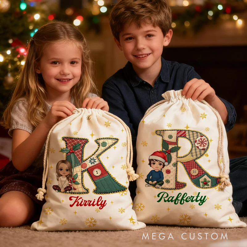 Personalized Christmas Cartoon Character Initial Canvas Drawstring Bag with Name Christmas 