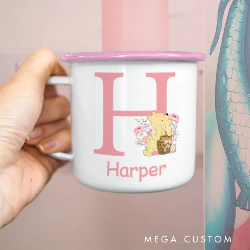 Personalized Cute Classic Bear Enamel Mug with Initial and Name Back to School Birthday Easter Gift for Kids