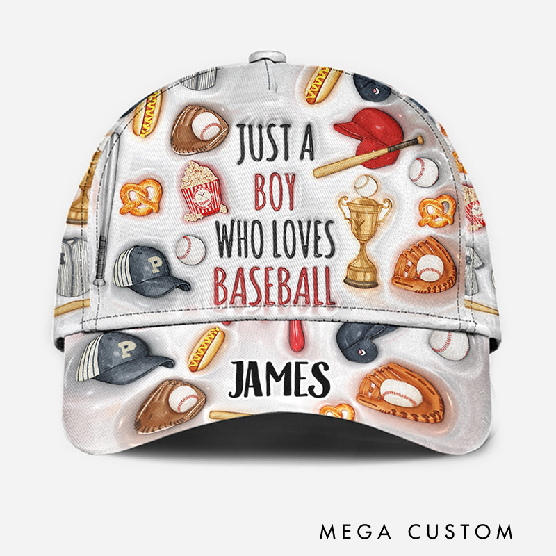 Personalized Baseball Cap with "Just a Boy Who Loves Baseball" Design and Custom Name