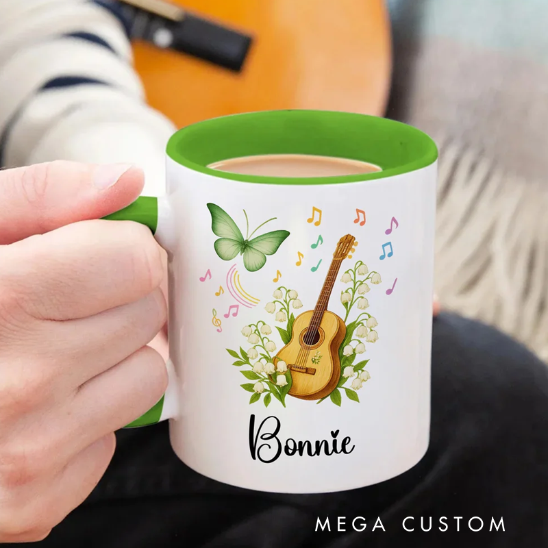 Personalized Guitar Birth Flower Butterfly Music Symbol 11 oz Ceramic Mug with Name Music Festivals Birthday Gift for Music Lovers