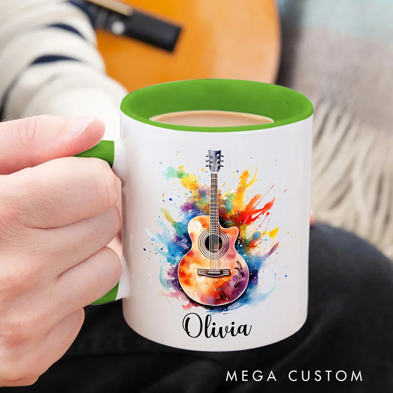 Personalized Colorful Splash Ink Guitar Theme 11oz Ceramic Mug with Name and Handle Birthday Gift for Guitar Players Lovers