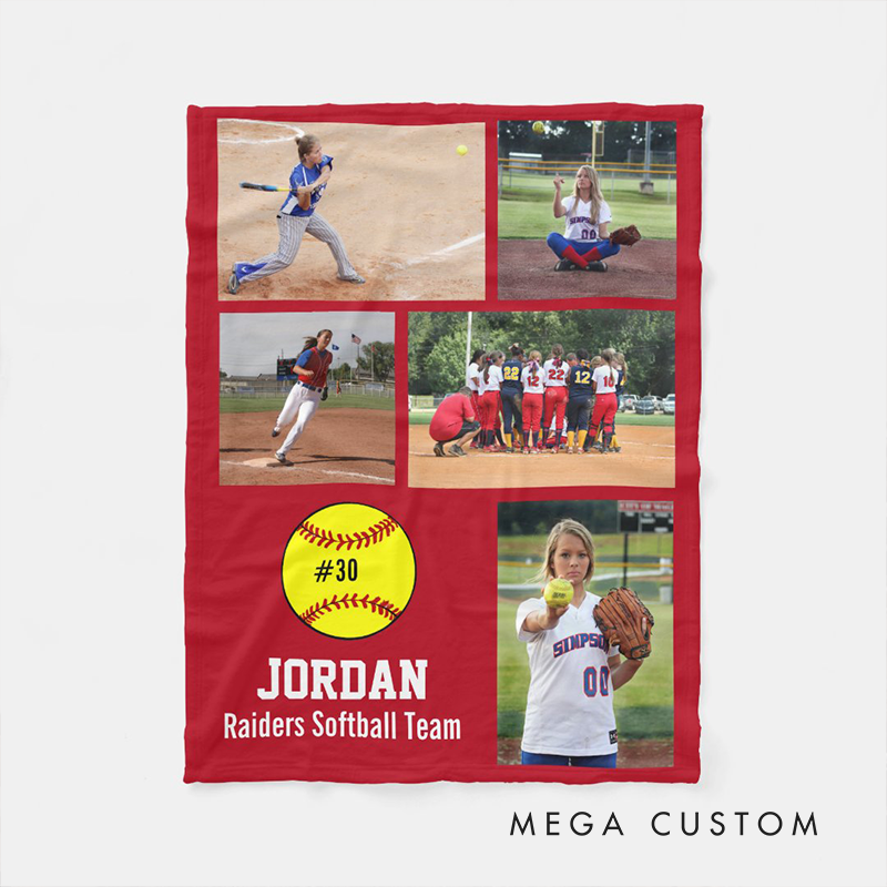 Personalized Softball Photo Blanket with Custom Name, Number, and Team – Perfect Gift for Softball Players and Fans