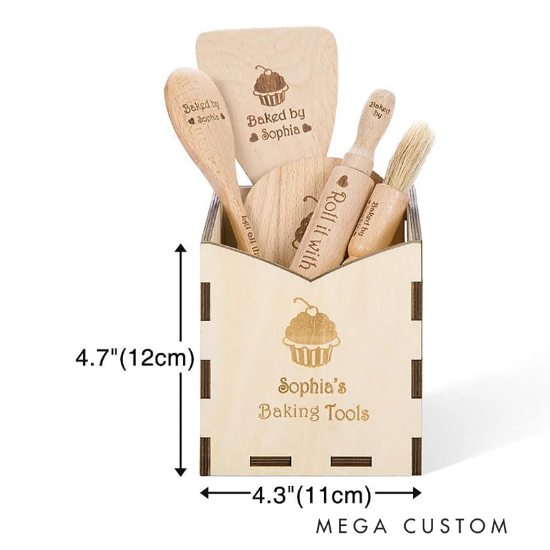 Personalized Wood Cooking Baking Tools with Name Set of 6 Kitchen Birthday Christmas Gift for Kids