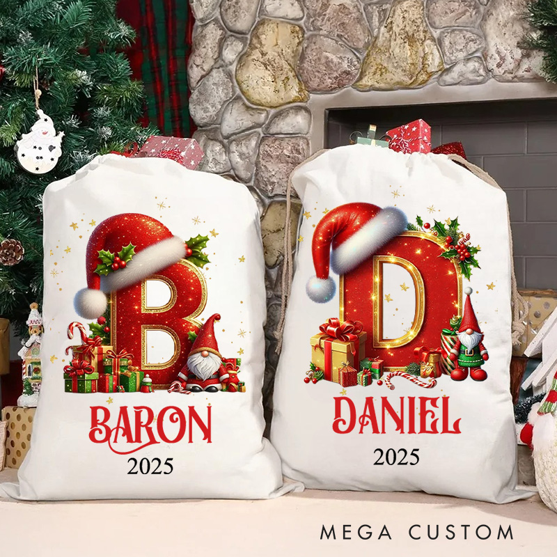 Personalized Festive Initial Christmas Bag with Santa Hat and Custom Name for Joyful Holiday Gift Giving Christmas Bag