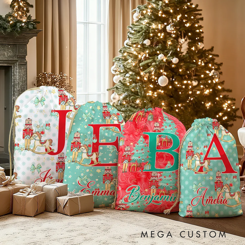 Personalized Christmas Tree Cartoon Nutcracker Canvas Drawstring Gift Bag with Name and Initial Christmas Gift 