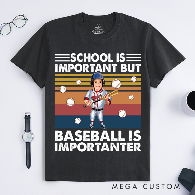 Personalized Baseball T-Shirt with "School Is Important But Baseball Is Importanter" Design with Your Photo