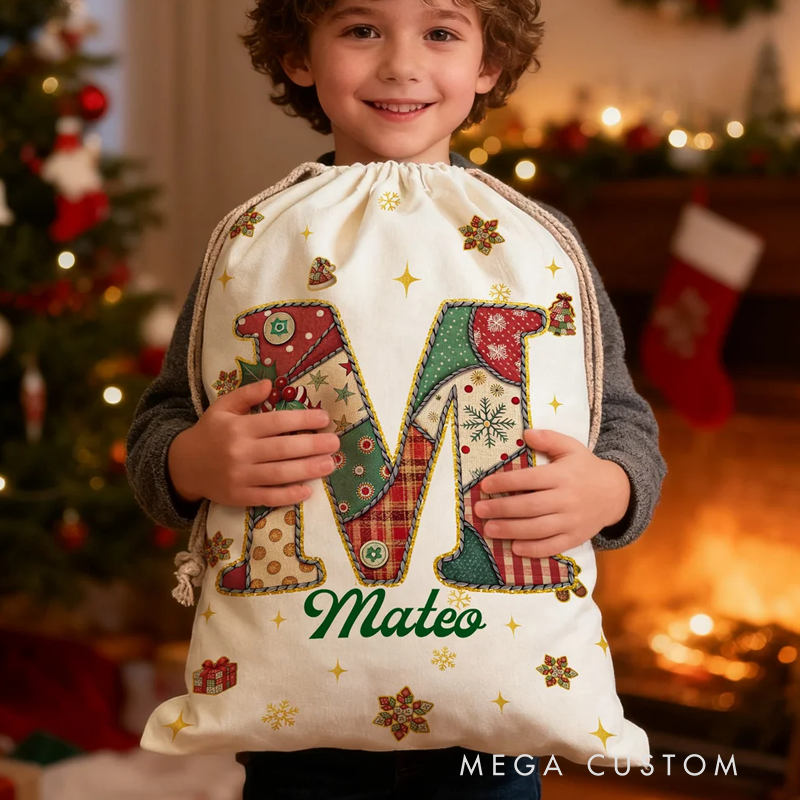 Personalized Christmas Tree Snowflake Initial Drawstring Canvas Gift Bag with Name Christmas Eve Party Favors for Kids