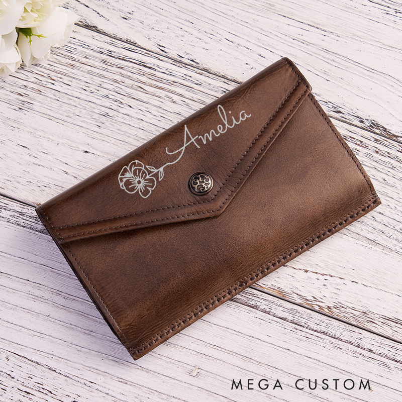 Personalized Leather Wallet For Her Birth Flower Wallet with Name Engraved Wallet For Women Leather Purse Birthday Gift For Her