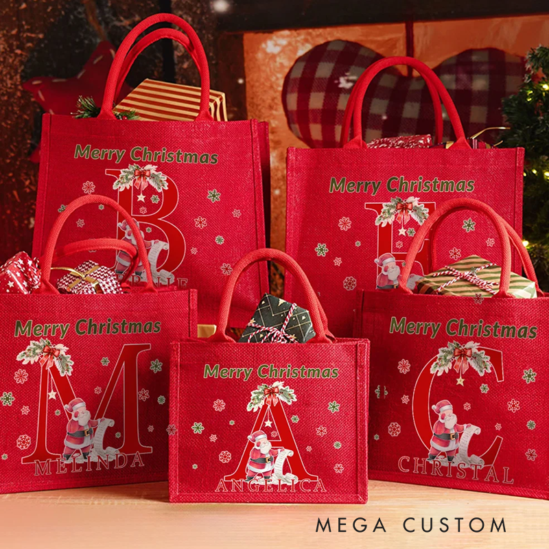 Personalized Santa Claus Reading Gift List Design Eco-Friendly Red Jute Bag with Name and Initial Daily Use Christmas Party Gift for Family Friends