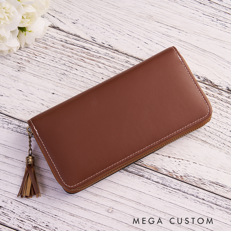 Personalized Leather Wallet for Women Engraved Birth Flower Wallet Women Slim Wallet With Tassel Clutch Purse Unique Gift for Her Birthday Gifts for Women