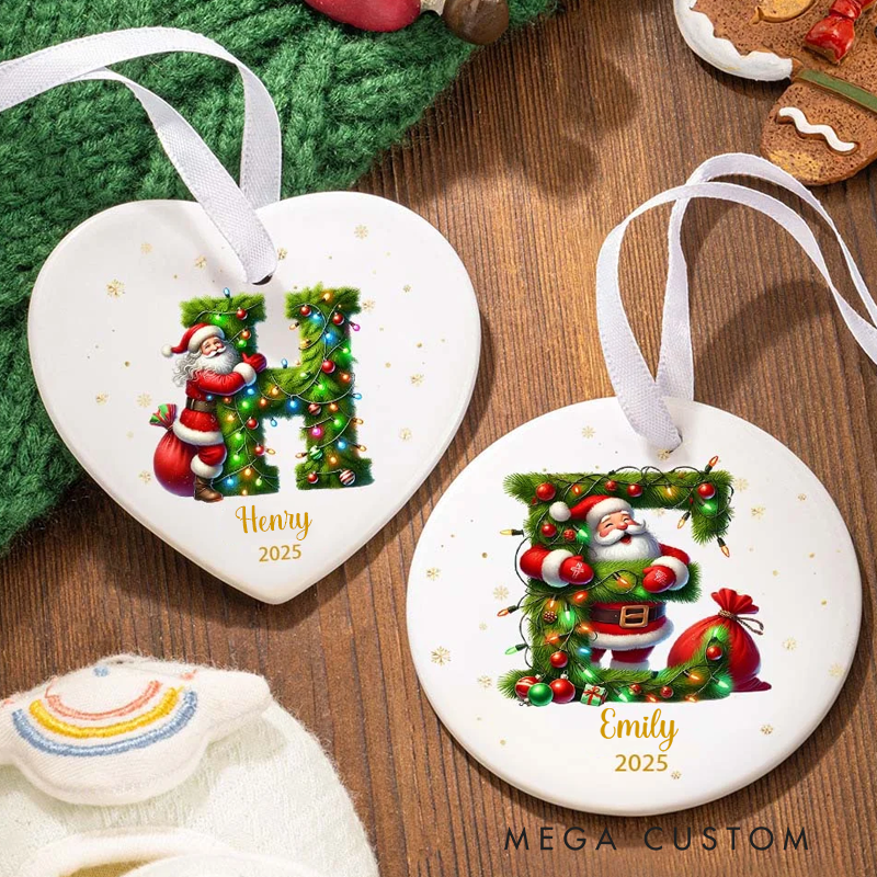 Personalized Santa Claus Woodland Initial Round Ceramic Ornament