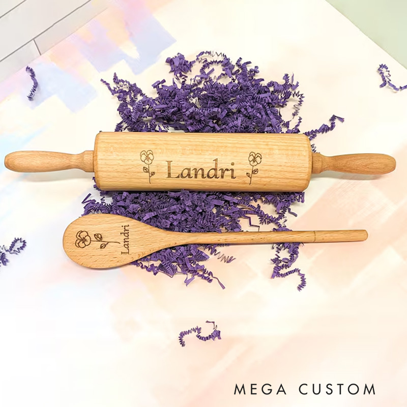 Personalized Rolling Pin and Spatula Baking Tools with Name Engraved Birth Month Flower Baking Gift Set Birthday Gift for Baker Baking Lover Gift