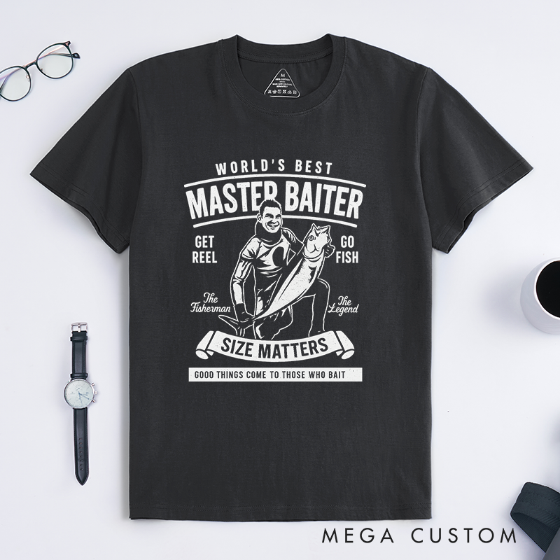 Funny Fishing T-Shirt World's Best Master Baiter Design Custom Photo T-Shirt Perfect Gift for Fishermen Humor Lovers and Outdoor Enthusiasts