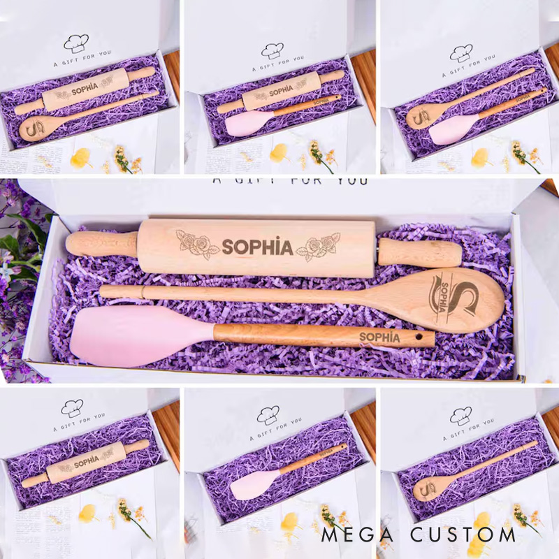 Personalized Rolling Pin, Spoon and Spatula Set with Name Engraved Kitchen Cooking Utensils Set for Mum Birthday Gift for Bakers Baking Lover Gift