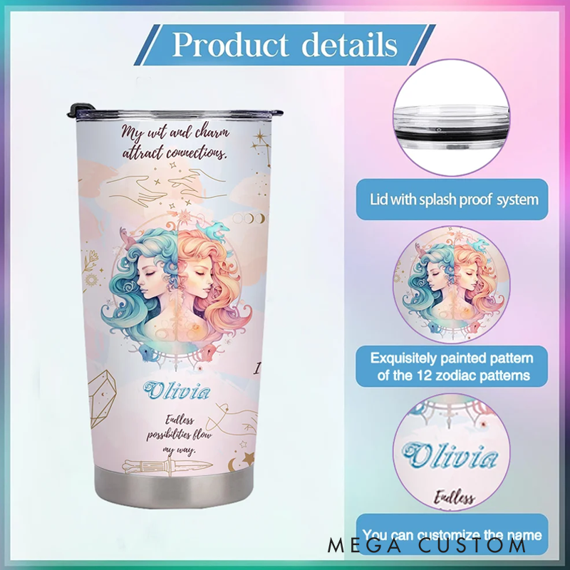 Personalized Zodiac Sign Constellation 20oz Tumbler Affirmation Coffee Cup with Name Birthday Astrology Gift for Family Friend
