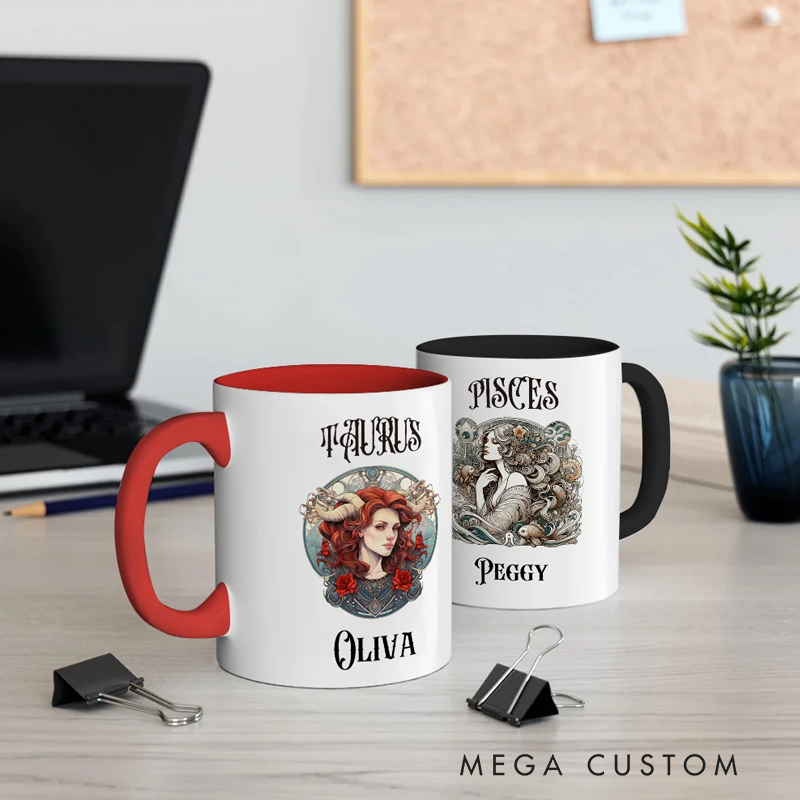 Personalized Zodiac Sign Constellation Colorful Cup Handle Ceramic Coffee Mug with Name Birthday Astrology Gift for Zodiac Lovers