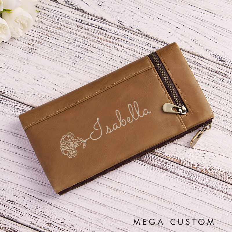 Personalized Birth Flower Women Wallet Leather Engraved Wallet Birth Flower Monogram Wallet Gift For Her Gift For Mother Birthday Gift
