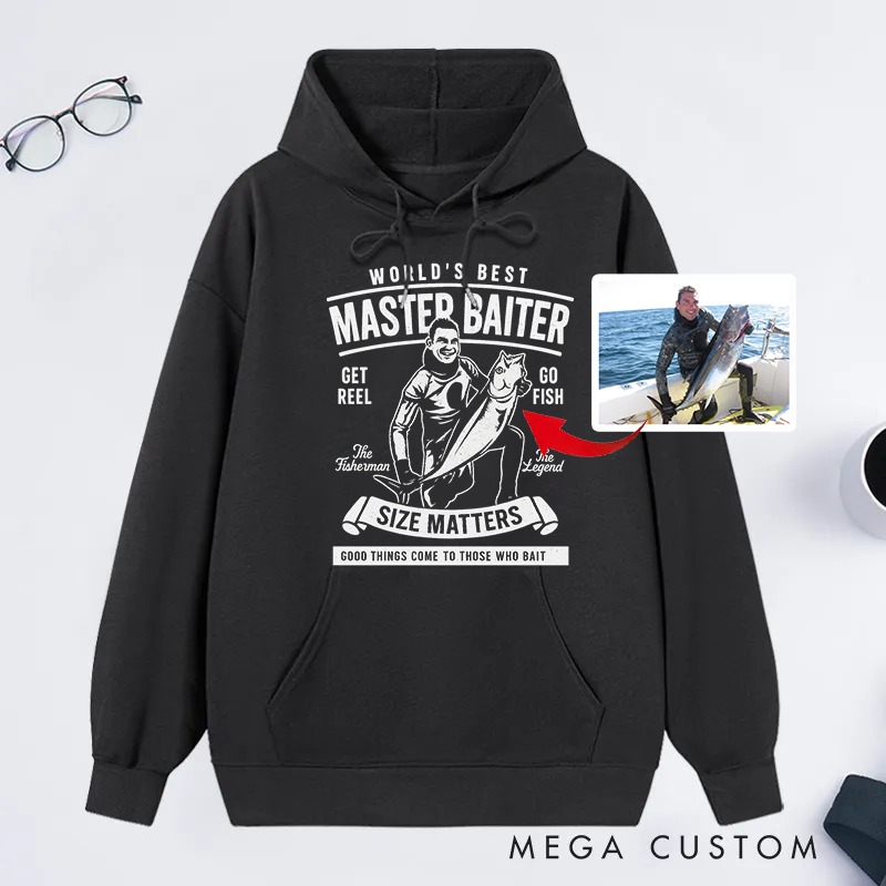 Personalized Funny Fishing Hoodie Custom Photo Hoodie World's Best Master Baiter Design Warm and Comfortable Gift for Fishermen and Humor Lovers