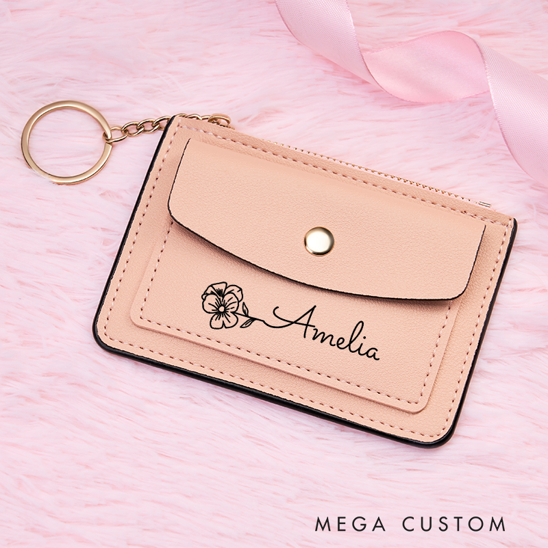 Personalized Leather Wallet for Girl Birth Flower Wallet for Her Credit Card wallet Leather Wallet With Zipper Purse Wallet Cute wallet Unique Gift for Her Birthday Gifts