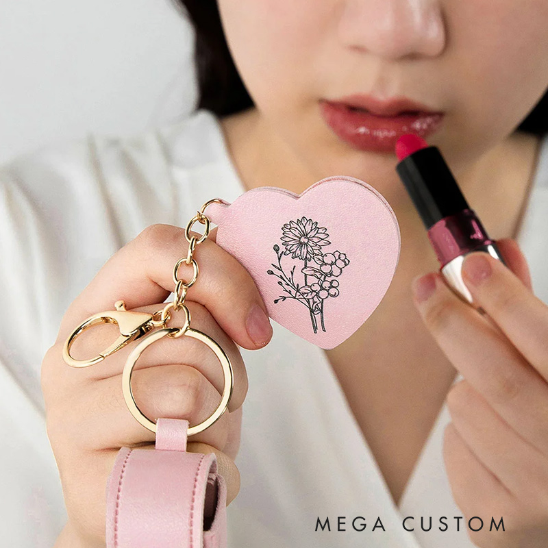 Personalized Line Flower Name Leather Lipstick Case Keychain with Heart-shaped Mirror Makeup Essentials Birthday Wedding Travel Gift for Women