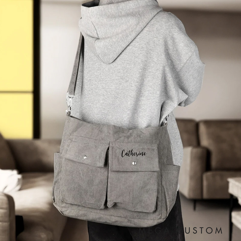 Personalized Leisure Corduroy Zipper Crossbody Tote Bag with Embroidered Name and Multiple Pockets Travel Accessories Birthday Gift for Family Friends