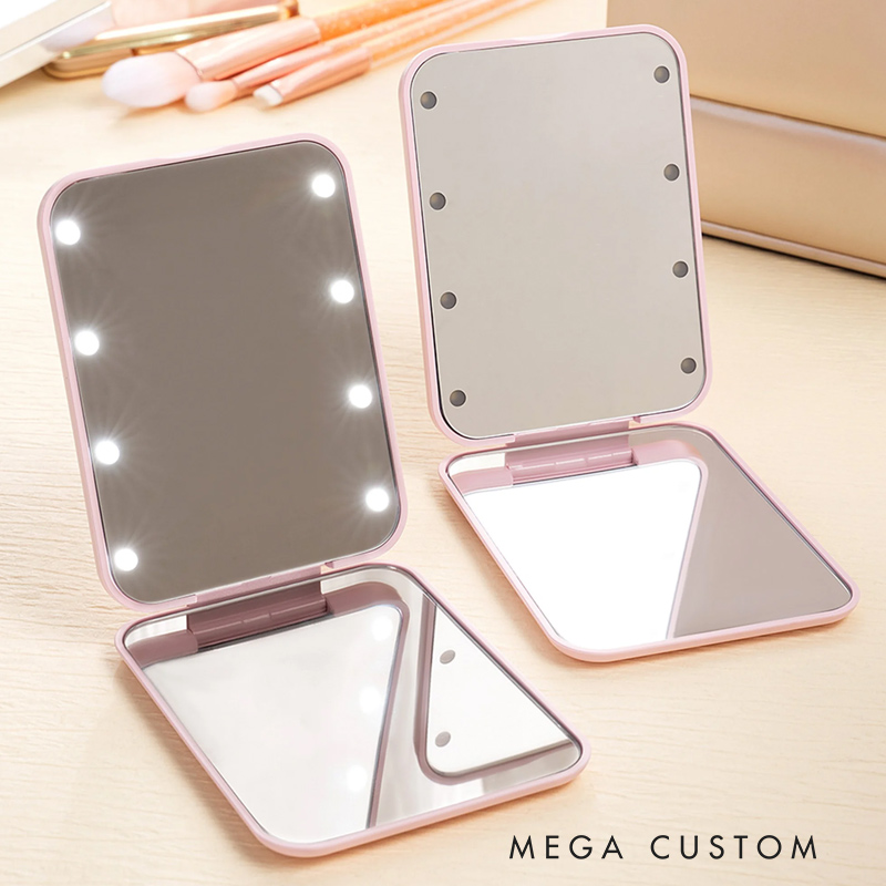 Personalized Shadow Monogram Stripe LED Double-Sided Foldable Compact Makeup Mirror with Initial Travel Accessories Birthday Gift for Bridesmaid Women