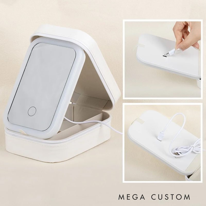 Personalized Watercolor Sewing Machine Birth Flower PU Leather Jewelry Box with LED Three-color Makeup Mirror Travel Essential Birthday Gift for Women