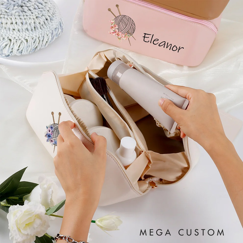 Personalized Birth Flower Crochet Wide Opening Leather Makeup Bag with Name Travel Accessories Birthday Wedding Gift for Bridesmaids Women