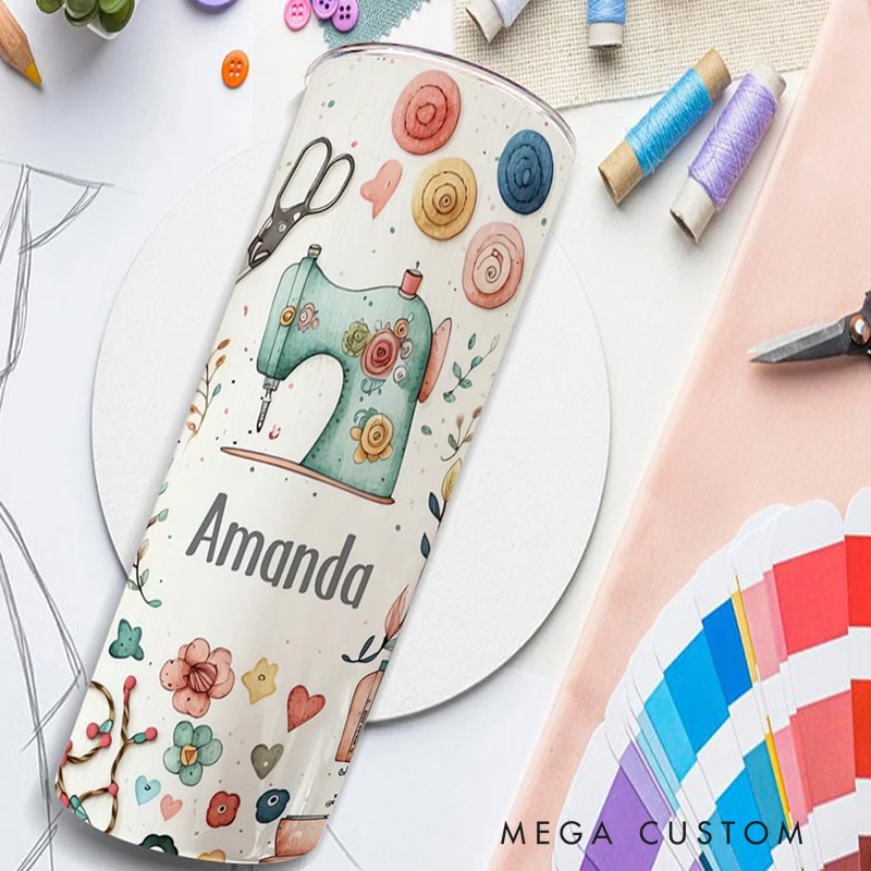 Personalized Sewing Theme Food Grade 20oz Skinny Tumbler with Lid and Straw Cleaning Brush Birthday Mother's Day Gift for Mother Sewing Lover