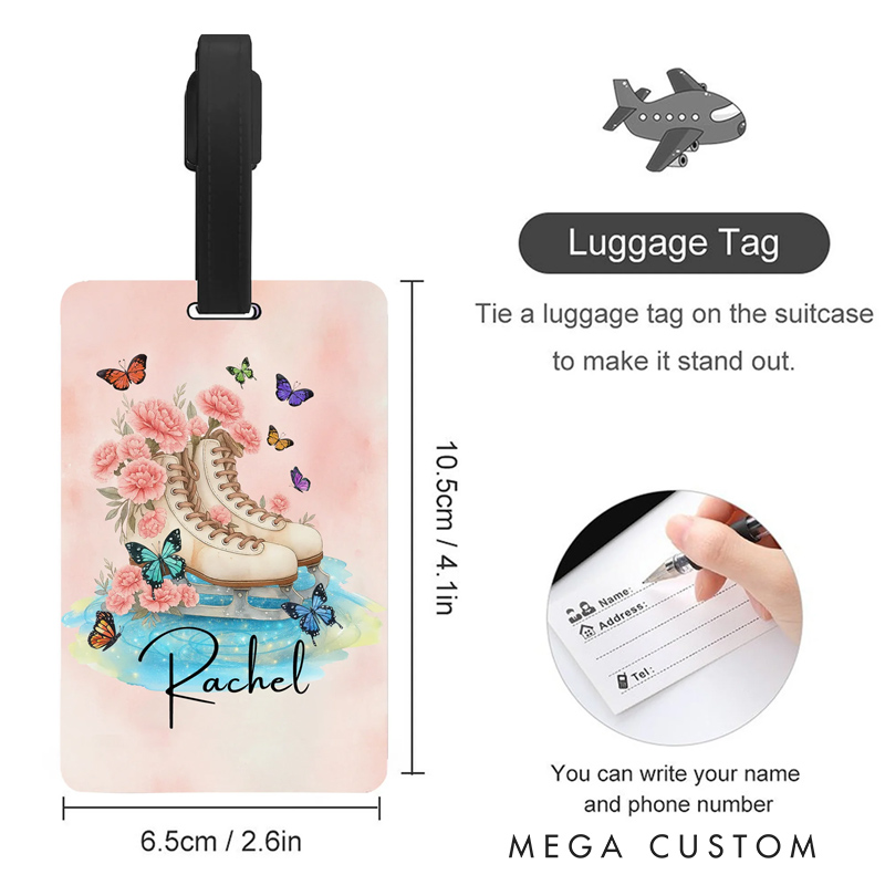 Personalized Birth Flower Ice Skating Luggage Tag with Name Travel Accessories Birthday Gift for Travel Lovers Skating Enthusiasts