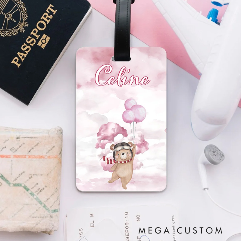 Personalized Cute Little Bear Pilot Watercolor Luggage Tag with Name Travel Accessories Birthday Holiday Gift for Boys Girls