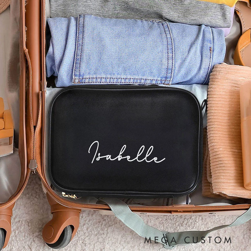Personalized Simple Name Design Large Multi-compartment Leather Makeup Bag with Makeup Brush Holder Travel Essentials Birthday Gift for Women