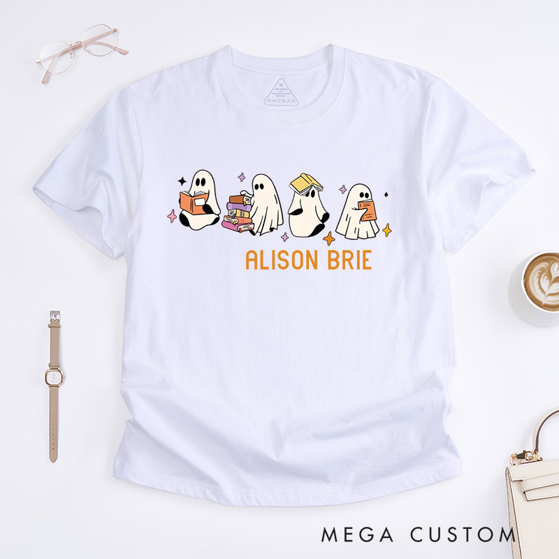 Personalized Ghosts Reading Books Classic T-Shirts Reading Fans Tee Cute Little Ghost Shirt Spooky Season Shirt Book Shirt Customized Name Shirt Gift for Books Lover