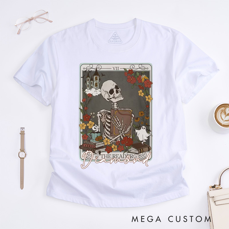 Personalized the Reader Tarot Card Crewneck Classic T-Shirts Skeleton Shirt Book Lover Shirt Bookish Shirt Librarian Shirt Reading Shirt