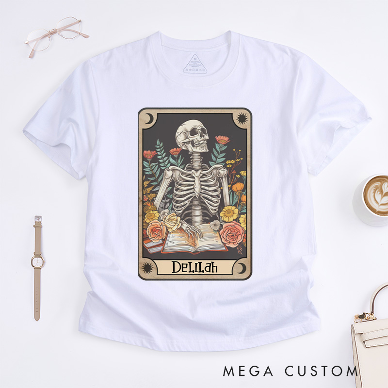 Personalized The Reader Tarot Card Classic T-Shirts Skeleton Reading Shirt Unisex Tarot Card Shirt Book Lover Gift Bookish Gift