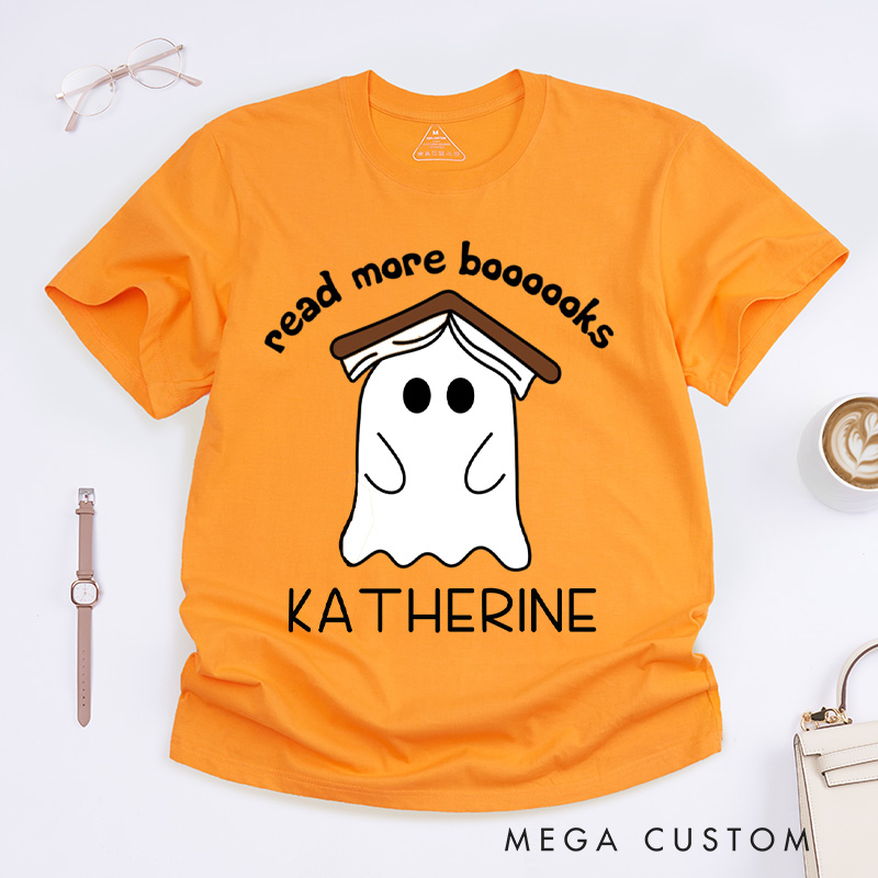 Personalized Ghost Book Classic T-Shirts Fall Spooky Season Tshirt Book Lover Shirt Cute Reading Ghost Shirt Halloween Gift Librarian Gift