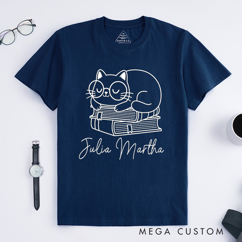 Personalized Books and Cat Classic T-Shirts Funny Cat Tee Funny Reading Shirt Cat Shirt Book Shirt Customized Name Shirt Gift for Books Lover