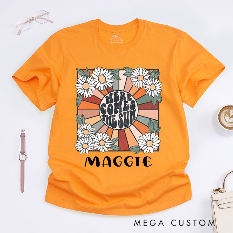 Personalized Here Comes the Sun Classic T-Shirts for Women Travel Beach Vacation T-Shirt Sunshine Tee Beatles Retro Shirts Motivational Shirt Gift