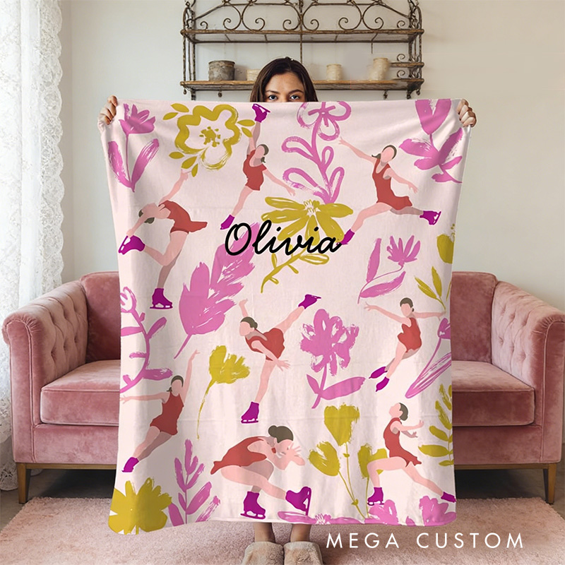 Personalized Flora Ice Skates Blanket Flannel Blanket Figure Skater Blanket with Name for Ice Skating Lovers Birthday Gift for Girls