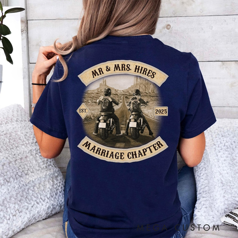 Personalized Mr Mrs Biker Lover T‑Shirt Custom Name and Year Motorcycle Couple Shirt Marriage Chapter Wedding or Anniversary Gift